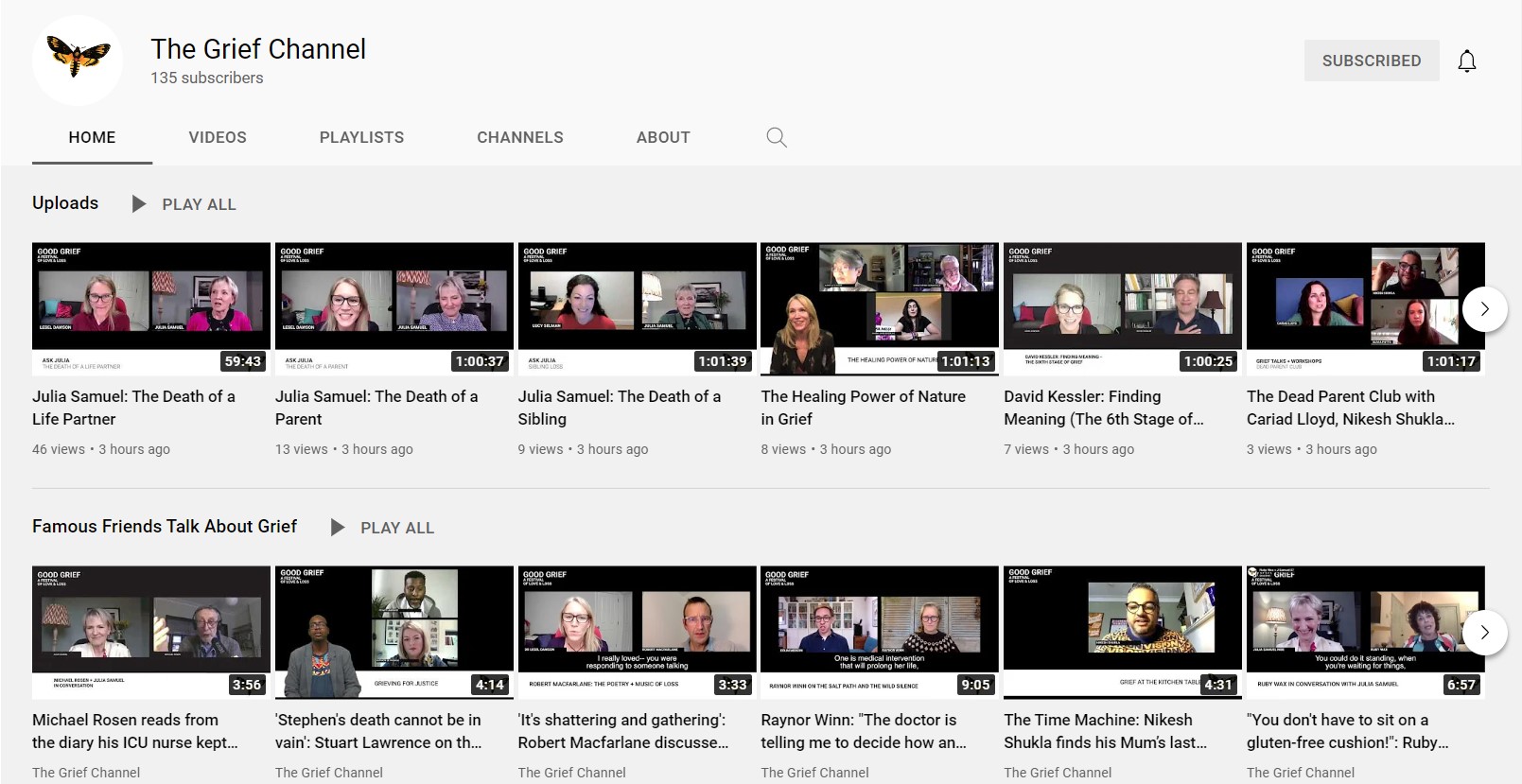Photo of the youtube channel for the grief channel